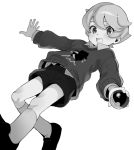  1boy bangs black_shorts blue_eyes brown_hair character_print child collared_shirt feet_out_of_frame highres inari_(inariya) kneehighs long_sleeves looking_at_viewer male_focus open_mouth pokemon pokemon_(game) pokemon_swsh print_sweater red_sweater shirt shorts simple_background smile solo sweater white_background white_legwear white_shirt youngster_(pokemon) 