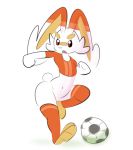  ambiguous_gender anthro anthrofied ball bottomless clothed clothing elpatrixf fur hi_res lagomorph mammal nintendo open_mouth pok&eacute;mon pok&eacute;mon_(species) pok&eacute;morph scorbunny simple_background soccer_ball solo video_games white_background white_body white_fur 