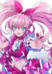  1girl :d bangs blue_eyes bow choker collarbone crop_top cure_melody eyebrows_visible_through_hair floating_hair hair_between_eyes hair_bow hand_on_hip layered_skirt long_hair midriff open_mouth outstretched_arm pink_bow pink_hair pleated_skirt precure red_bow red_skirt shiny shiny_hair skirt smile solo stomach suite_precure tsukikage_oyama very_long_hair wrist_cuffs 