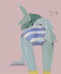  2017 all_fours bent_over blue_clothing blue_panties blue_underwear butt clothing digital_media_(artwork) female fin fish green_body green_hair green_skin hair head_fin japanese_text legwear marine multicolored_clothing multicolored_panties multicolored_underwear panties pattern_clothing pattern_panties pattern_underwear pink_background rear_view scombrid scombriform short_hair simple_background socks solo striped_clothing striped_panties striped_underwear stripes susfishous text tuna tuna_chan two_tone_clothing two_tone_panties two_tone_underwear underwear white_clothing white_panties white_underwear yellow_clothing yellow_legwear yellow_socks 