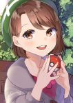  1girl :d bangs blush brown_eyes brown_hair day female_protagonist_(pokemon_swsh) green_headwear grey_cardigan highres holding holding_poke_ball kodama_(koda_mat) open_mouth outdoors poke_ball pokemon pokemon_(game) pokemon_swsh portrait red_shirt shiny shiny_hair shirt short_hair smile solo swept_bangs 