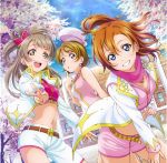  3girls :d absurdres asymmetrical_shorts belt blue_eyes bow breasts brown_belt brown_hair cleavage crop_top day dutch_angle floating_hair grin hair_bow hat highres index_finger_raised jacket koizumi_hanayo kousaka_honoka long_hair looking_at_viewer love_live! medium_breasts medium_hair midriff minami_kotori multiple_girls navel one_side_up open_clothes open_jacket open_mouth outdoors pink_eyes pink_scarf pink_shorts printemps_(love_live!) red_bow scarf shiny shiny_hair shirt short_hair short_shorts shorts sleeveless sleeveless_shirt smile stomach v white_headwear white_jacket white_shorts yellow_belt yellow_eyes 