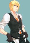  1boy belt belt_buckle black_belt black_gloves black_jacket black_pants blonde_hair blue_background blue_eyes buckle closed_mouth collarbone dress_shirt eizen_(tales) gloves isa_(peien516) jacket leaning_back looking_at_viewer male_focus orange_shirt pants shirt simple_background sleeveless sleeveless_jacket sleeves_rolled_up solo tales_of_(series) tales_of_berseria vertical-striped_jacket yellow_shirt 