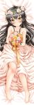 1girl absurdres bangs bare_shoulders barefoot bed_sheet black_hair blush bouquet brown_flower brown_rose collarbone commentary_request dakimakura dress eyebrows_visible_through_hair flower flower_wreath full_body hair_between_eyes head_wreath highres holding holding_bouquet idolmaster idolmaster_cinderella_girls long_hair looking_at_viewer lying matoba_risa on_back parted_lips red_flower red_rose regular_mow rose solo strapless strapless_dress very_long_hair white_dress white_flower white_rose yellow_eyes yellow_flower yellow_rose 