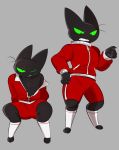  bare_shoulders black_body black_fur bodily_fluids bottomwear cartoon_network catminte clothing digitigrade domestic_cat felid feline felis fur green_eyes hi_res male mammal mao_mao:_heroes_of_pure_heart sheriff_mao_mao_mao shorts sweat tracksuit 