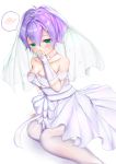  absurdres azur_lane breasts bridal_gauntlets bridal_veil cleavage collarbone dress green_eyes highres javelin_(azur_lane) large_breasts pantyhose purple_hair sabamiso_(tomomon021831) simple_background strapless strapless_dress veil wedding_dress white_legwear 