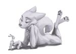  2019 anthro arm_support canid canine cheek_tuft chest_tuft dipstick_ears disney duo facial_tuft female fox greyscale half-closed_eyes head_tuft hi_res ittybittykittytittys judy_hopps lagomorph leaning_on_elbow legs_up leporid lying macro mammal micro micro_on_macro monochrome multicolored_ears nude on_front pawpads rabbit simple_background size_difference skye_(zootopia) smile standing tuft white_background zootopia 