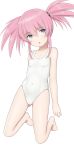  1girl absurdres barefoot blue_eyes breasts commentary_request full_body highres kneeling long_hair looking_at_viewer no_toes nyarukac open_mouth pink_hair presea_combatir simple_background small_breasts solo swimsuit tales_of_(series) tales_of_symphonia twintails white_background white_swimsuit 