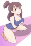  1girl absurdres anger_vein angry blush breasts brown_hair crossed_arms highres hot_vr kagari_atsuko kneeling large_breasts little_witch_academia one-piece_swimsuit pout red_eyes sandals swimsuit 