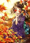  1girl autumn_leaves bag blurry blurry_foreground blush brown_eyes brown_hair commentary_request day depth_of_field grin hands_up holding holding_leaf japanese_clothes kimono leaf log long_hair long_sleeves looking_at_viewer maple_leaf miyabi_akino original outdoors purple_kimono sitting smile solo tree twitter_username wide_sleeves 