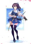  1girl apron arrow black_legwear blue_hakama blue_sky bow_(weapon) brown_eyes brown_gloves brown_hair cloud full_body geta gloves hakama hakama_skirt highres holding holding_arrow holding_bow_(weapon) holding_weapon horusu_(sa1230red) japanese_clothes kaga_(kantai_collection) kantai_collection long_hair muneate partly_fingerless_gloves quiver side_ponytail single_glove sky solo tasuki thighhighs weapon yugake 