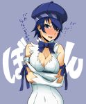  1girl blue_eyes blue_hair blue_ribbon blush breasts cleavage cosplay dress gloves hat hestia_(danmachi) hestia_(danmachi)_(cosplay) kurosususu large_breasts open_mouth persona persona_4 ribbon shiny shiny_skin shirogane_naoto short_hair simple_background solo translation_request white_dress white_gloves 