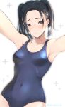  1girl armpits arms_up artist_name black_hair blue_swimsuit blush breasts collarbone covered_navel highres kobayakawa_rinko looking_at_viewer love_plus masaoka_misaki one-piece_swimsuit parted_lips school_swimsuit shiny shiny_clothes small_breasts solo swimsuit twintails twitter_username 
