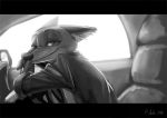  2018 ailu_h0 anthro canid canine car clothed clothing disney fox fur greyscale inner_ear_fluff inside_car light lighting looking_at_viewer mammal monochrome nick_wilde red_fox smile solo tuft vehicle zootopia 