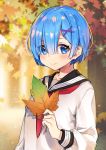  1girl autumn autumn_leaves bangs blue_eyes blue_hair blush ears eyebrows_visible_through_hair hair_between_eyes hairband heart leaf long_sleeves looking_at_viewer neck re:zero_kara_hajimeru_isekai_seikatsu rem_(re:zero) sailor_collar school_uniform shirt short_hair sleeves_past_elbows smile solo 