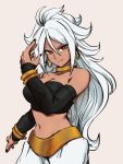  1girl alternate_skin_color android_21 bare_shoulders black_nails bracelet breasts cleavage collarbone cosplay dark_skin detached_sleeves dragon_ball dragon_ball_fighterz earrings harem_pants hoop_earrings jewelry kemachiku large_breasts long_hair looking_at_viewer majin_android_21 majin_android_21_(cosplay) nail_polish navel pants red_eyes simple_background smile solo stomach white_hair white_pants 