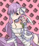  1girl bandage_over_one_eye bandaged_arm bandaged_head bandages bangs bare_shoulders blush breasts closed_mouth fate/extra fate/extra_ccc fate_(series) hand_up kingprotea long_hair looking_at_viewer moss naked_bandage pink_background purple_eyes purple_hair small_breasts solo teshima_nari very_long_hair 