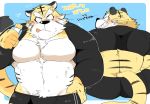  2019 anthro black_nose blush bottomwear butt clothing felid humanoid_hands hyaku_(artist) japanese_text male mammal overweight overweight_male pantherine pubes shorts sitting solo text tiger tongue tongue_out 