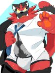  2019 anthro blush bodily_fluids boxers_(clothing) bulge clothing dress_shirt eyewear felid feline glasses hyaku_(artist) incineroar male mammal muscular muscular_male necktie nintendo pok&eacute;mon pok&eacute;mon_(species) shirt sweat topwear underwear undressing video_games 