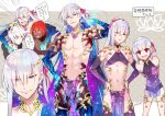  3boys ashwatthama_(fate/grand_order) chest country_connection dark_skin dark_skinned_male detached_sleeves dress earrings fate/grand_order fate_(series) flower genderswap genderswap_(ftm) hair_ribbon highres indian_clothes jewelry kama_(fate/grand_order) karna_(fate) lotus matou_sakura multiple_boys nipples pink_ribbon ponytail purple_dress purple_legwear red_eyes red_hair red_ribbon redrop ribbon ring shirtless silver_hair toned toned_male white_hair 