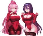  2girls arm_on_head arms_up bangs black_hair blush breasts cleavage eyebrows_visible_through_hair girls_frontline hat large_breasts long_hair long_sleeves looking_at_another looking_at_viewer meme_attire multiple_girls nlitz ntw-20_(girls_frontline) open-chest_sweater pantyhose pink_eyes pink_hair pink_headwear purple_eyes red_sweater simple_background super_sass_(girls_frontline) sweater thighhighs turtleneck turtleneck_sweater very_long_hair white_background wide_hips 