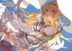 1girl ahoge armor armored_boots bangs bare_shoulders blonde_hair blue_eyes boots breasts dress flag full_body gloves granblue_fantasy hair_ornament holding holding_sword holding_weapon jeanne_d&#039;arc_(granblue_fantasy) long_hair medium_breasts nido_celisius open_mouth petals polearm single_glove sleeveless sleeveless_dress solo sword thigh_boots thighhighs torn_clothes torn_dress weapon white_dress 
