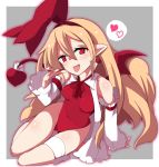  1girl bangs blonde_hair blush bound bow breasts covered_navel disgaea flonne flonne_(fallen_angel) hair_ribbon highleg highleg_leotard highres kawa_mura leotard long_hair looking_at_viewer makai_senki_disgaea open_mouth pointy_ears red_eyes red_leotard ribbon small_breasts solo tail thigh_ribbon tongue tongue_out 