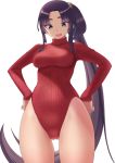  1girl :d blue_eyes blush breasts cowboy_shot fate/grand_order fate_(series) groin hairband hands_on_hips highleg highleg_leotard highres leotard lips long_hair looking_at_viewer looking_down open_mouth ponytail purple_hair ribbed_leotard simple_background sleeves_past_wrists smile solo standing thigh_gap thighs turtleneck_leotard ushiwakamaru_(fate/grand_order) very_long_hair 