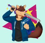  2019 5_fingers absurd_res anthro backpack black_body black_fur brown_body brown_fur canid canine clothed clothing dipstick_tail fingers fox fur hi_res holding_object holding_weapon hoodie koen_the_fox looking_at_viewer male mammal melee_weapon multicolored_tail puzzle_piece shirt solo sword topwear treebarkdragon weapon 