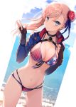  1girl american_flag_bikini ass_visible_through_thighs asymmetrical_hair bikini black_choker black_gloves blue_eyes blue_jacket blue_ribbon blue_sky breasts bun_cover choker cleavage closed_mouth cloud collarbone cropped_jacket day fate/grand_order fate_(series) fingerless_gloves flag_print front-tie_bikini front-tie_top gloves groin hair_bun hakuishi_aoi hands_up horizon jacket long_hair medium_breasts miyamoto_musashi_(fate/grand_order) miyamoto_musashi_(swimsuit_berserker)_(fate) navel ocean open_clothes open_jacket pink_hair ribbon sky smile solo standing swimsuit 