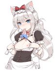  1girl absurdres american_flag american_flag_print animal_ear_fluff animal_ears apron azur_lane black_dress blue_eyes bow breasts breasts_outside cat_ears choker cleavage cropped_torso dress flag_print frown hair_bow hammann_(azur_lane) highres inverted_nipples long_hair looking_at_viewer mouth_hold nipples one_side_up paid_reward puffy_short_sleeves puffy_sleeves red_bow ribbon_choker short_sleeves silver_hair simple_background small_breasts solo sunaba_suzume waist_apron white_background wrist_cuffs 