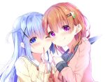  2girls :q ;) bangs black_sailor_collar blue_eyes blue_hair blush brown_hair brown_sweater cheek-to-cheek closed_mouth commentary_request eyebrows_visible_through_hair gochuumon_wa_usagi_desu_ka? hair_between_eyes hair_ornament hairclip hoto_cocoa kafuu_chino kouda_suzu long_hair long_sleeves looking_at_viewer multiple_girls neck_ribbon neckerchief one_eye_closed one_side_up pink_sweater purple_eyes red_neckwear red_ribbon red_string ribbon sailor_collar simple_background sleeves_past_wrists smile string string_around_finger sweater tongue tongue_out upper_body white_background white_sailor_collar 