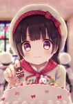  1girl bakery blurry blurry_background blush bow braid brown_hair cake day food frown hair_ornament highres indoors kon_hoshiro original plaid plaid_bow purple_eyes red_bow shop solo_focus standing string_of_flags sweat twin_braids upper_body white_headwear window x_hair_ornament 