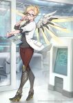  1girl absurdres adjusting_eyewear alternate_costume blonde_hair blue_eyes boots clipboard copyright doctor dr._ziegler_(overwatch) eito_nishikawa eyelashes folded_ponytail glasses hair_ornament hairclip high_heels highres huge_filesize knee_boots labcoat mechanical_wings mercy_(overwatch) name_tag official_art overwatch overwatch_(logo) parted_lips smile solo stethoscope wings wristband 