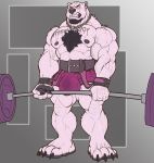  2019 4_toes anthro barbell belt biceps big_bulge bodily_fluids body_hair body_writing bulge chain chest_hair chest_tuft clothing exercise facial_hair feet goatee hi_res jewelry lock male mammal muscular muscular_male necklace nightterror nipples pecs penis_outline shirt solo standing sweat tank_top tight_clothing toes topwear tuft ursid veiny_muscles weightlifting workout 