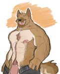  4_fingers abs anthro balls biceps black_nose body_hair bottomwear brown_body brown_fur canid canine chest_hair citrusification clothed clothing digital_drawing_(artwork) digital_media_(artwork) eyes_closed fingers fur happy_trail hi_res male mammal maned_wolf muscular_arms nipples open_mouth pants penis sharp_teeth simple_background smile solo standing teeth thick_penis tongue topless unzipped white_background 