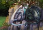 2019 claws day detailed_background digital_media_(artwork) dragon female feral forest grass green_body green_scales grey_body grey_scales horn male membrane_(anatomy) membranous_wings outside rock scales scalie silvyr sitting spines tree western_dragon wings 