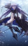  1girl absurdres armored_boots boots bubble closed_mouth commentary_request crotch_plate fate/extra fate/extra_ccc fate/grand_order fate_(series) full_body hair_ribbon high_collar highres jacket long_hair looking_at_viewer meltryllis navel purple_eyes purple_hair revealing_clothes ribbon sleeves_past_fingers sleeves_past_wrists smile solo stomach thkani underwater very_long_hair very_long_sleeves 