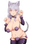  1girl absurdres animal_ears bangs bare_shoulders bell bell_collar bikini breasts cat_ears cat_girl cat_tail collar detached_sleeves fur_trim highres house88812317 large_breasts long_hair looking_at_viewer mole mole_on_breast open_mouth original pasties paw_pose pink_eyes plump purple_hair purple_legwear simple_background solo swimsuit tail thighhighs white_background 