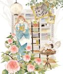  1girl animal blue_kimono book bookshelf braid bread brown_eyes brown_hair bunny camellia cat clothed_animal commentary_request cup flower food frog goat indoors japanese_clothes kimono kyouraku_no_mori_no_alice lace-trimmed_sleeves ladder lantern long_hair long_sleeves niwa_haruki object_hug official_art open_mouth painting_(object) pink_flower pouring raisin_bread sandals saucer smile solo standing table teacup teapot twin_braids wide_sleeves 