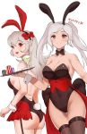  2girls alternate_costume animal_ears breasts brown_eyes bunny_ears choker cleavage closed_mouth corrin_(fire_emblem) corrin_(fire_emblem)_(female) cup drinking_glass fake_animal_ears fire_emblem fire_emblem_awakening fire_emblem_fates highres holding holding_tray leotard long_hair multiple_girls nail_polish open_mouth pointy_ears red_eyes robin_(fire_emblem) robin_(fire_emblem)_(female) sideboob simple_background smile spiffydc thighhighs tray twintails twitter_username white_background white_hair wine_glass wrist_cuffs 