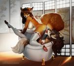  2019 4_toes 5_fingers all_fours anthro anthro_on_anthro anus aomori areola bathtub black_nose breasts brown_hair butt canid canine clothing detailed_background duo eyebrows eyelashes eyes_closed female female/female fingers fox gillian gloves_(marking) hair hi_res inside legs_up legwear licking licking_lips mammal markings nipple_piercing nipples nude open_mouth oral pawpads piercing plantigrade raised_tail smile stockings story story_in_description tamara_fox teeth thigh_highs toes tongue tongue_out 