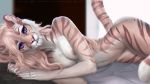  2019 5_fingers anthro bed breasts digital_media_(artwork) ear_piercing etskuni eyebrows eyelashes fangs felid female fingers fur furniture inside looking_at_viewer lying mammal nude on_side orange_body orange_fur pantherine piercing purple_eyes sabertooth_(anatomy) smile smurple solo striped_body striped_fur stripes tiger 