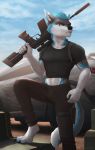 2019 4_toes 5_fingers anthro barefoot blue_eyes blue_hair canid canine canis clothed clothing day detailed_background digital_media_(artwork) domestic_dog fingers hair hi_res holding_gun holding_object holding_weapon husky lynncore male mammal nordic_sled_dog outside sky solo spitz toes weapon 
