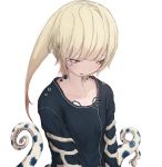  1girl bangs blonde_hair blush breasts facial_mark green_eyes highres long_sleeves looking_away looking_down original short_hair_with_long_locks shy simple_background small_breasts solo tentacles upper_body watae_suien white_background yushika 