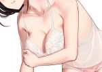  1girl arm_across_chest blush breasts brown_hair cleavage collarbone greem_bang large_breasts leaning_forward long_hair original panties pink_panties see-through simple_background smile solo underwear white_babydoll white_background 