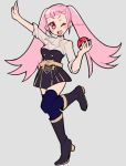  1girl artist_name belt blue_legwear boots do_m_kaeru fire_emblem fire_emblem:_three_houses full_body garreg_mach_monastery_uniform grey_background hilda_valentine_goneril holding holding_poke_ball knee_boots long_hair one_eye_closed open_mouth pink_eyes pink_hair poke_ball pokemon short_sleeves simple_background solo thighhighs twintails uniform 