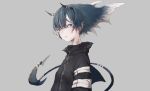  1girl bangs blue_eyes blue_hair character_request closed_mouth fins from_side grey_background grill head_fins horns looking_at_viewer original pointy_ears short_hair simple_background solo tail turtleneck upper_body yushika 