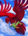  2019 anthro anthro_on_feral anthro_penetrated avian beak bestiality day detailed_background digital_media_(artwork) feathered_wings feathers feral feral_penetrating feral_penetrating_anthro flying fur green_body green_feathers green_fur gryphon outside paws penetration red_body red_feathers red_fur sex silvyr sky wings 
