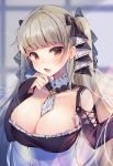  1girl azur_lane bangs between_breasts blush breasts cleavage collar collarbone cross-laced_clothes dress earrings eyebrows_visible_through_hair formidable_(azur_lane) frilled_dress frills grey_hair hair_ornament hair_ribbon hand_up highres indoors jewelry large_breasts long_hair looking_at_viewer momoirone open_mouth reaching_out red_eyes ribbon solo sunlight twintails two-tone_dress two-tone_ribbon upper_body 